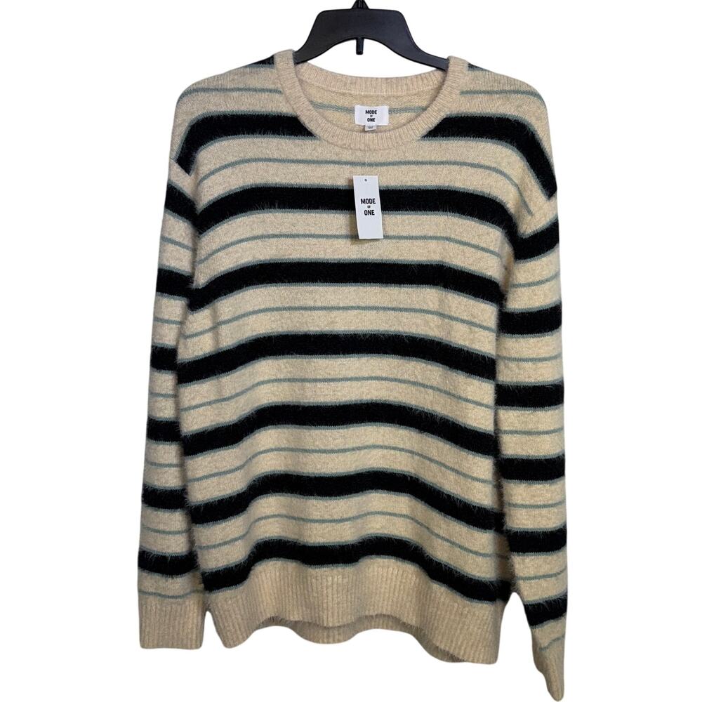Mode of One Men's Long-Sleeve Eyelash Stripe Sweater, Dark Ecru XXL $70 - Picture 1 of 6